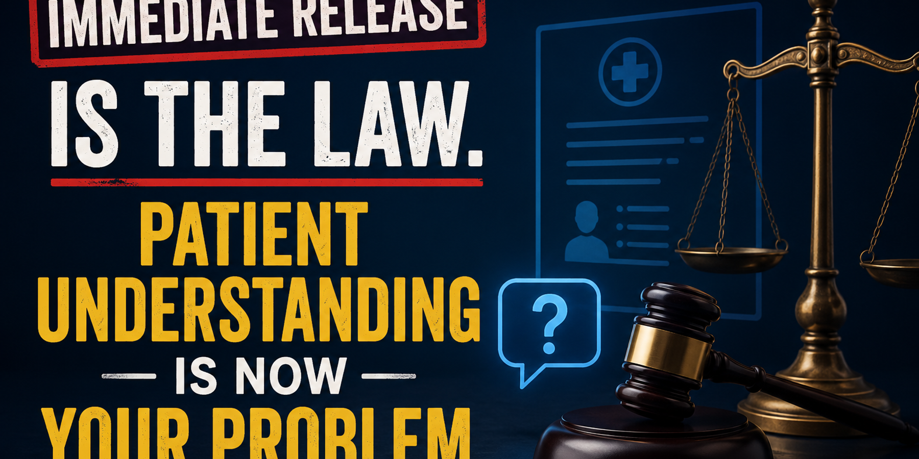 Scales of justice and a gavel beside a digital medical record, representing legally mandated immediate release of results