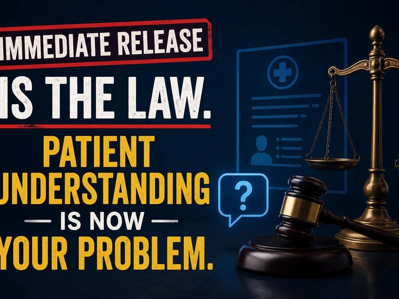 Scales of justice and a gavel beside a digital medical record, representing legally mandated immediate release of results