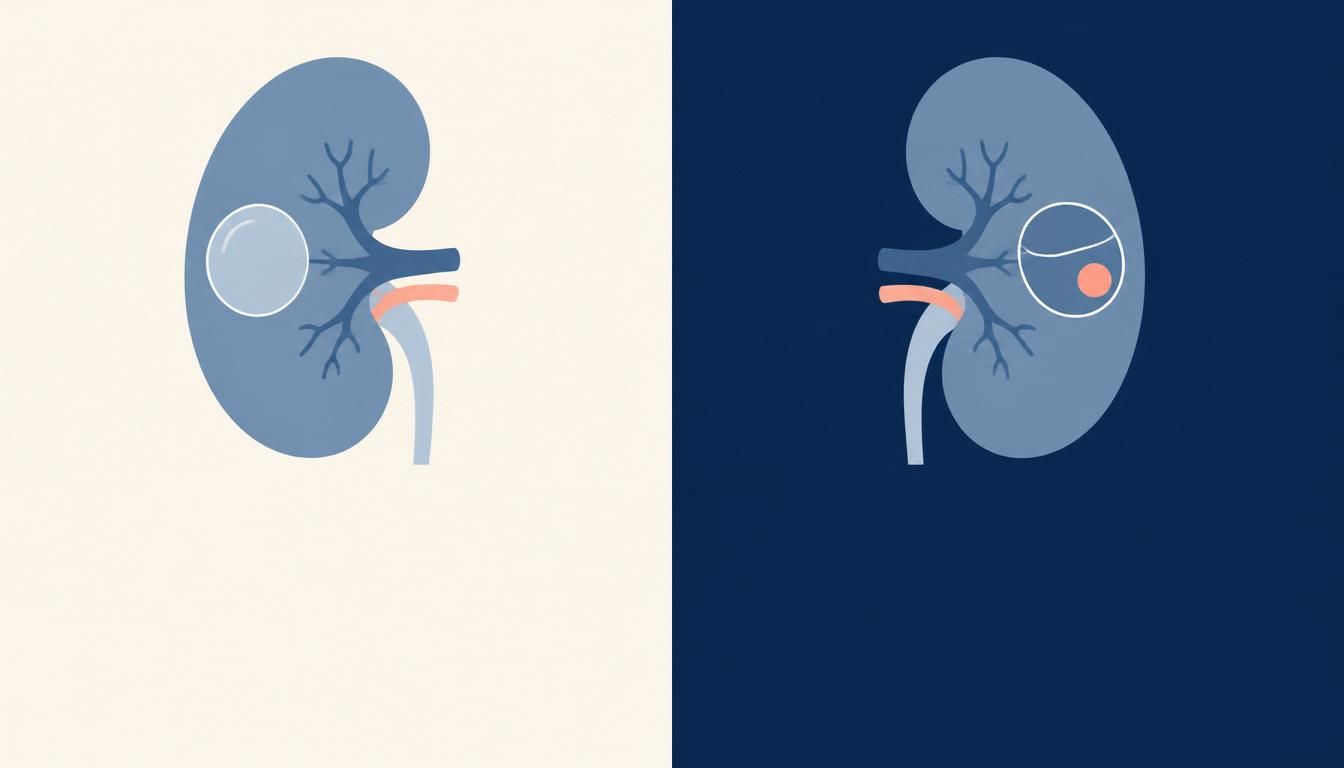 Illustration comparing a simple kidney cyst with one that has an internal component