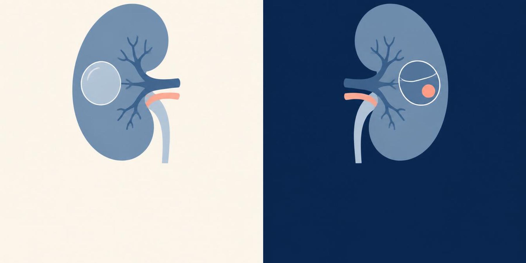 Illustration comparing a simple kidney cyst with one that has an internal component