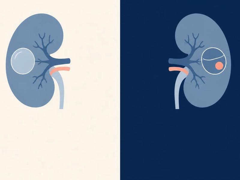 Illustration comparing a simple kidney cyst with one that has an internal component