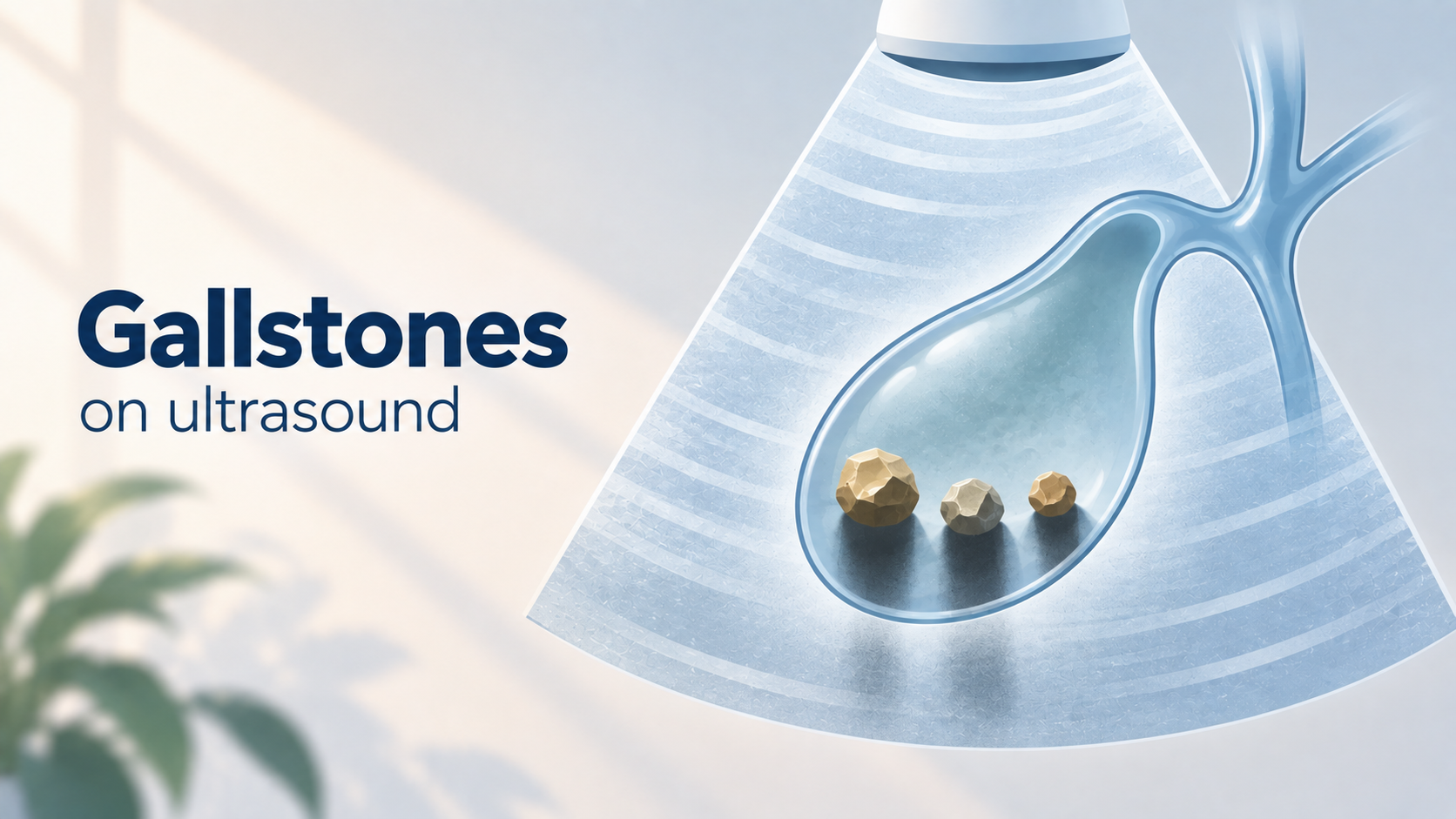 Three gallstones inside a gallbladder casting dark shadows on a stylized ultrasound scan