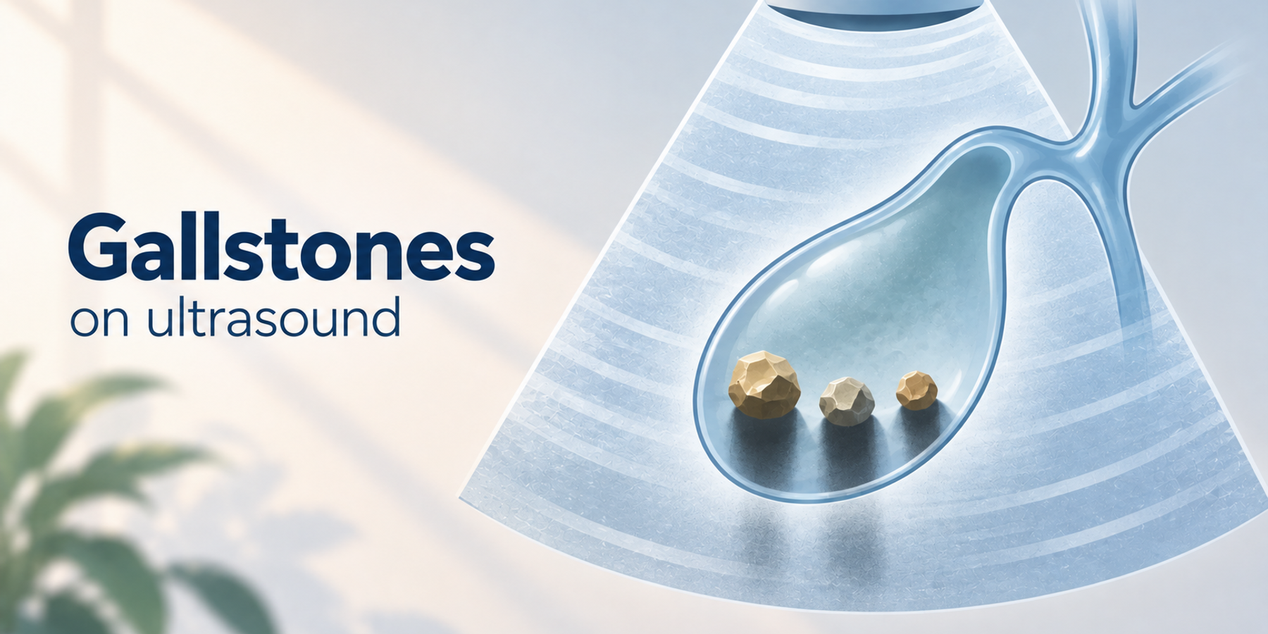 Three gallstones inside a gallbladder casting dark shadows on a stylized ultrasound scan