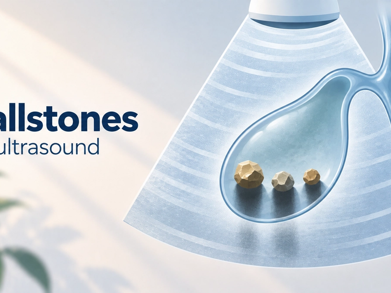 Three gallstones inside a gallbladder casting dark shadows on a stylized ultrasound scan