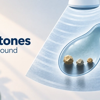 Three gallstones inside a gallbladder casting dark shadows on a stylized ultrasound scan
