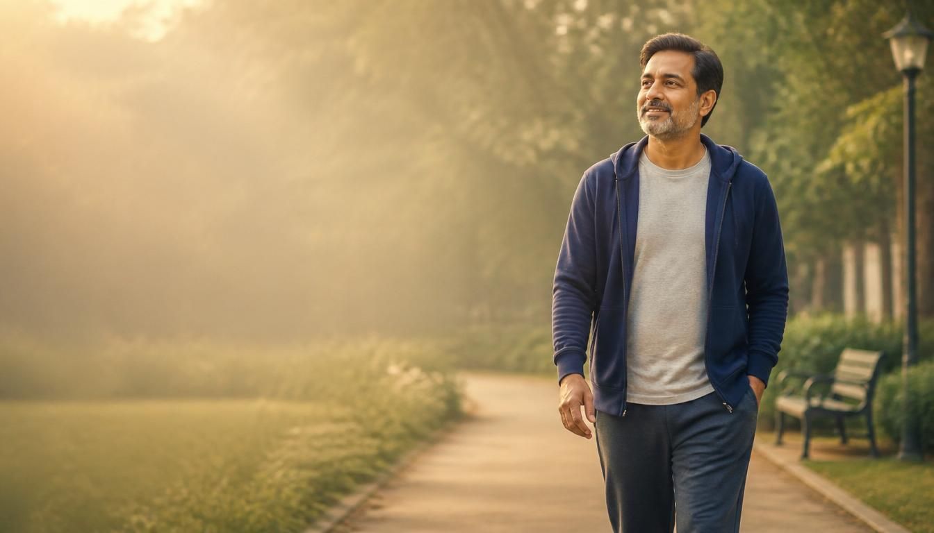 Man walking in a park at sunrise, illustrating the lifestyle change that reverses fatty liver
