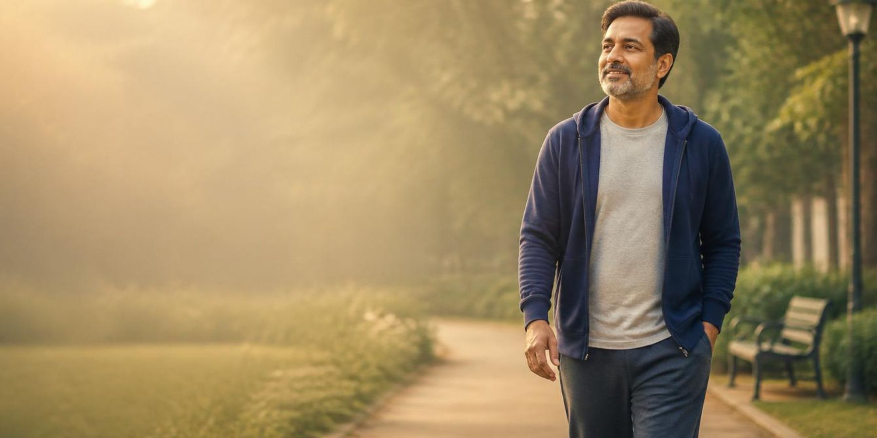 Man walking in a park at sunrise, illustrating the lifestyle change that reverses fatty liver