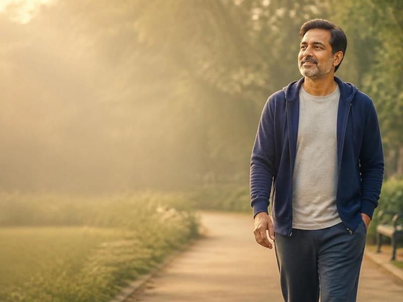 Man walking in a park at sunrise, illustrating the lifestyle change that reverses fatty liver