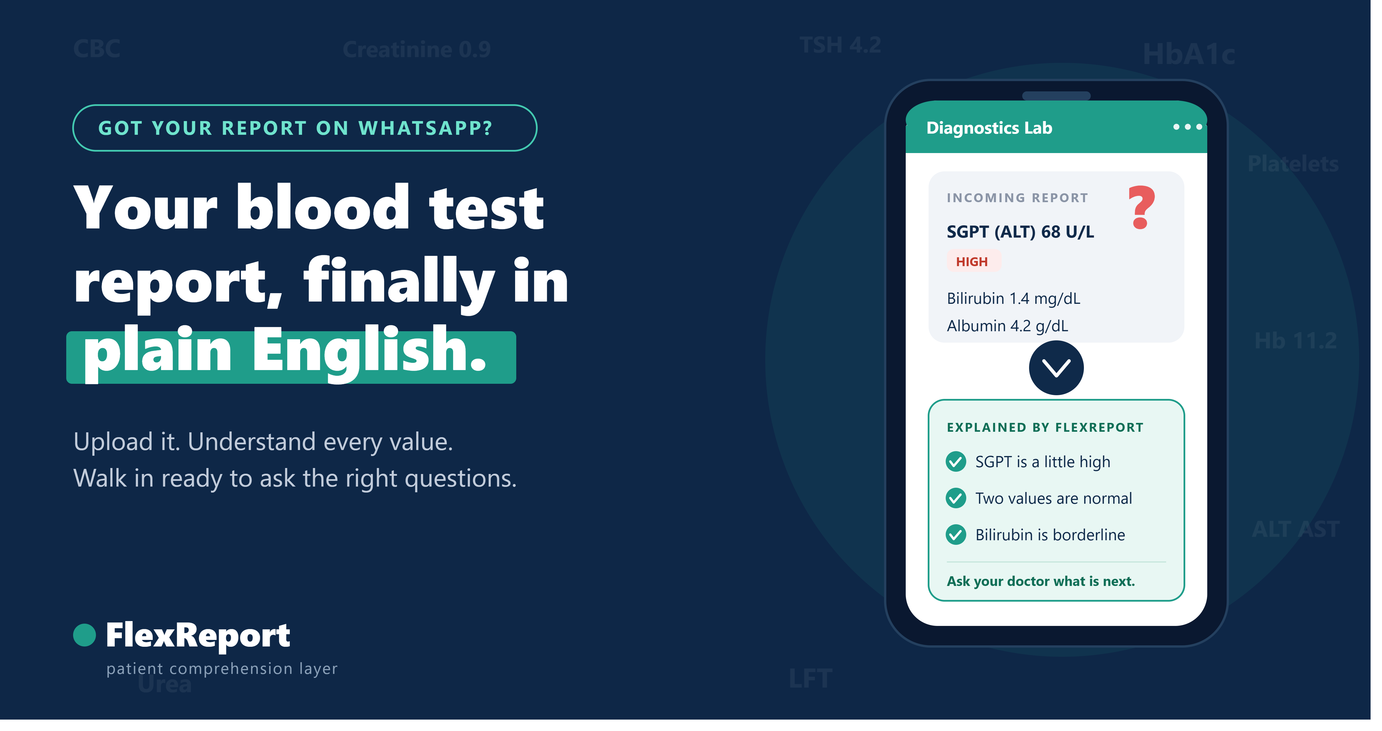 Phone showing a blood test report with SGPT flagged high, next to a plain-English explanation of each value