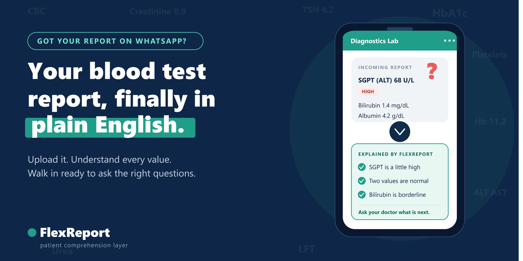 Phone showing a blood test report with SGPT flagged high, next to a plain-English explanation of each value