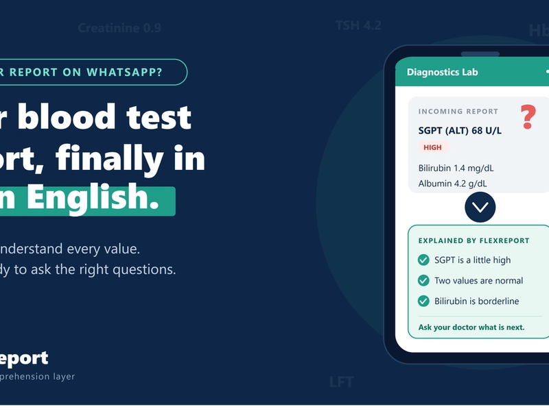 Phone showing a blood test report with SGPT flagged high, next to a plain-English explanation of each value
