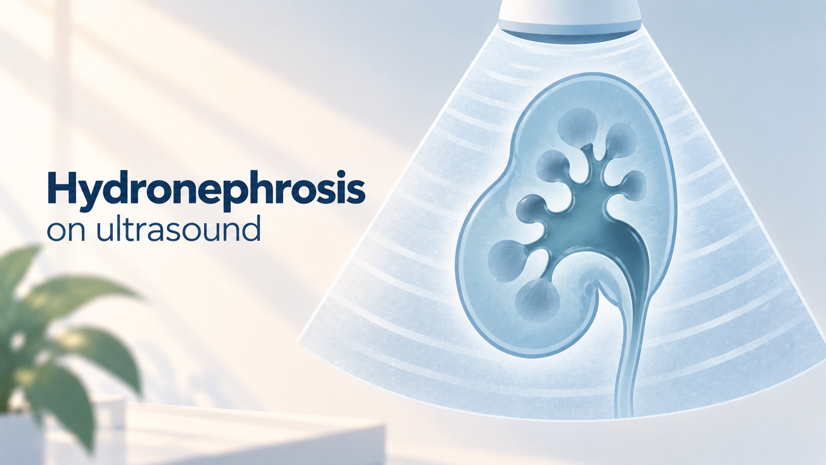 A kidney with a widened, fluid-filled collecting system shown on a stylized ultrasound scan