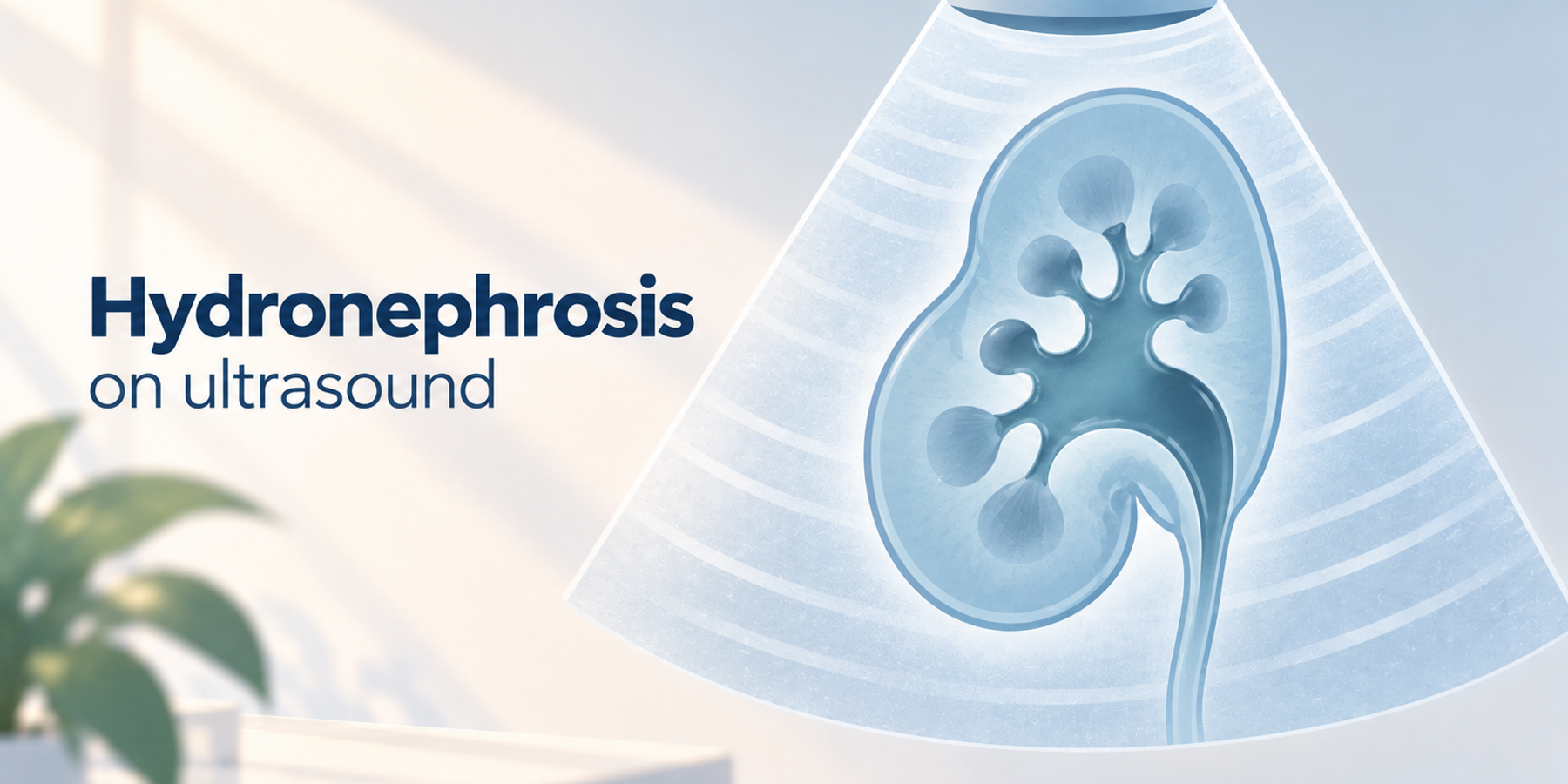 A kidney with a widened, fluid-filled collecting system shown on a stylized ultrasound scan