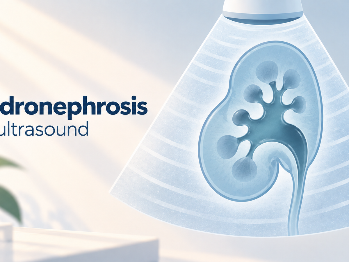 A kidney with a widened, fluid-filled collecting system shown on a stylized ultrasound scan