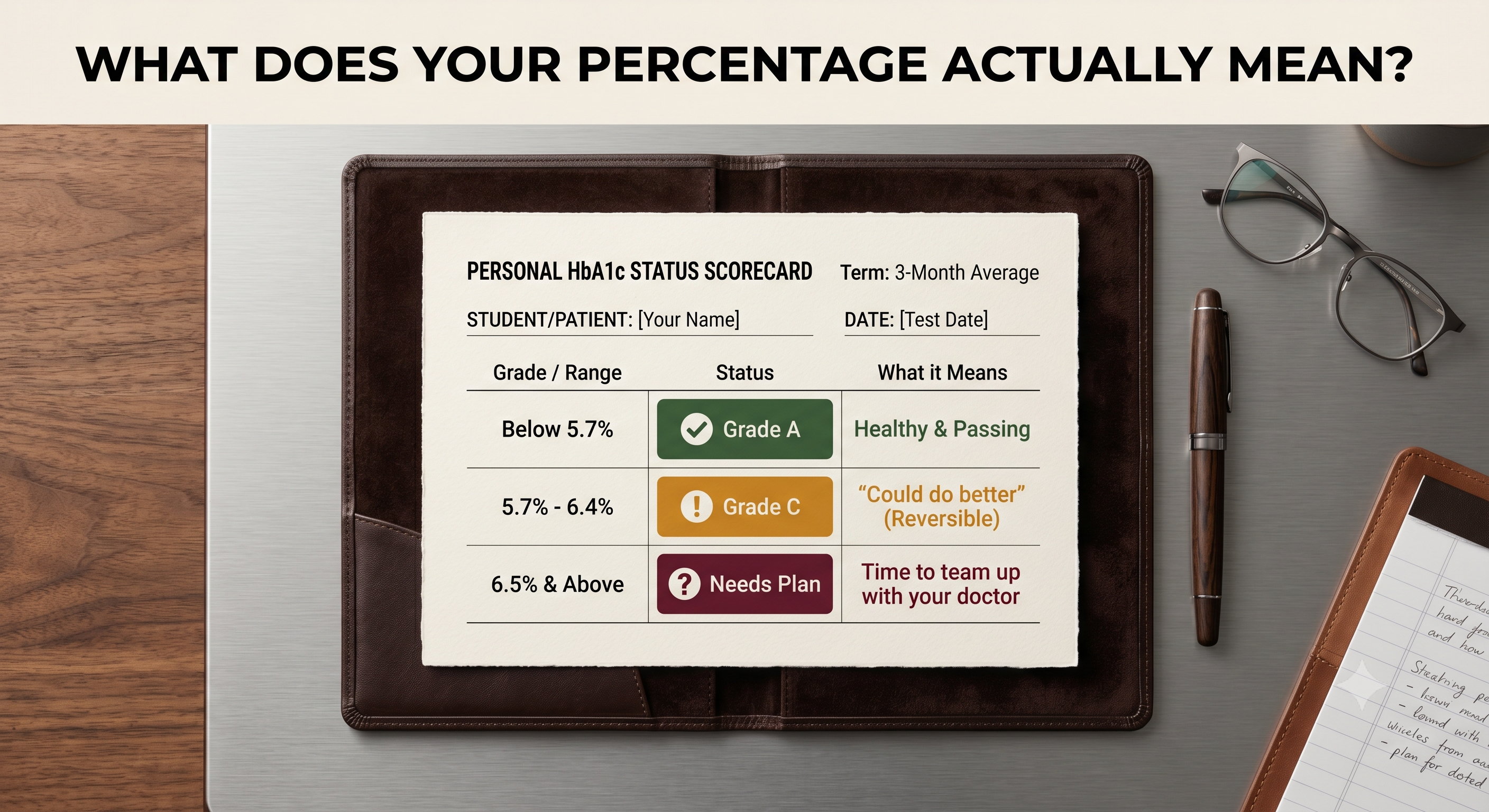 HbA1c scorecard: below 5.7 percent healthy, 5.7 to 6.4 percent reversible, 6.5 percent and above needs a treatment plan