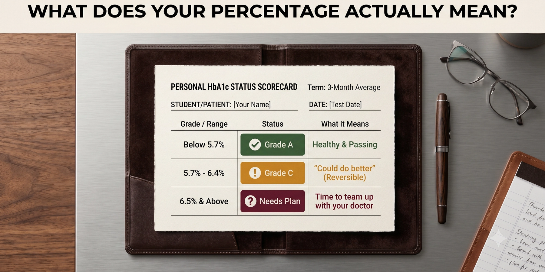 HbA1c scorecard: below 5.7 percent healthy, 5.7 to 6.4 percent reversible, 6.5 percent and above needs a treatment plan