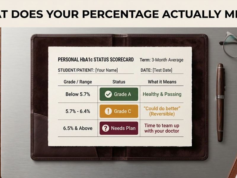 HbA1c scorecard: below 5.7 percent healthy, 5.7 to 6.4 percent reversible, 6.5 percent and above needs a treatment plan