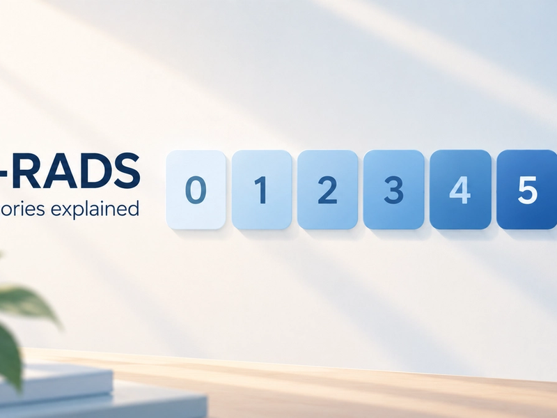 The seven BI-RADS mammogram categories, numbered 0 through 6, shown as a scale