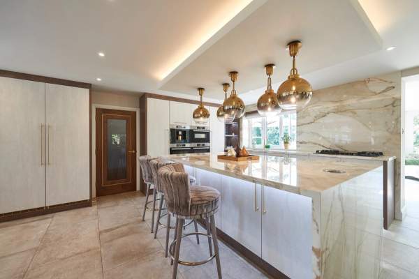 Handmade bespoke kitchen with island and marble worktop