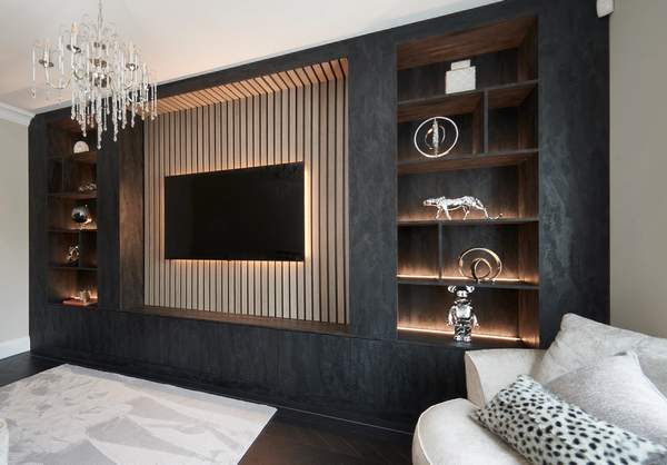 Bespoke media wall with integrated lighting and concealed storage