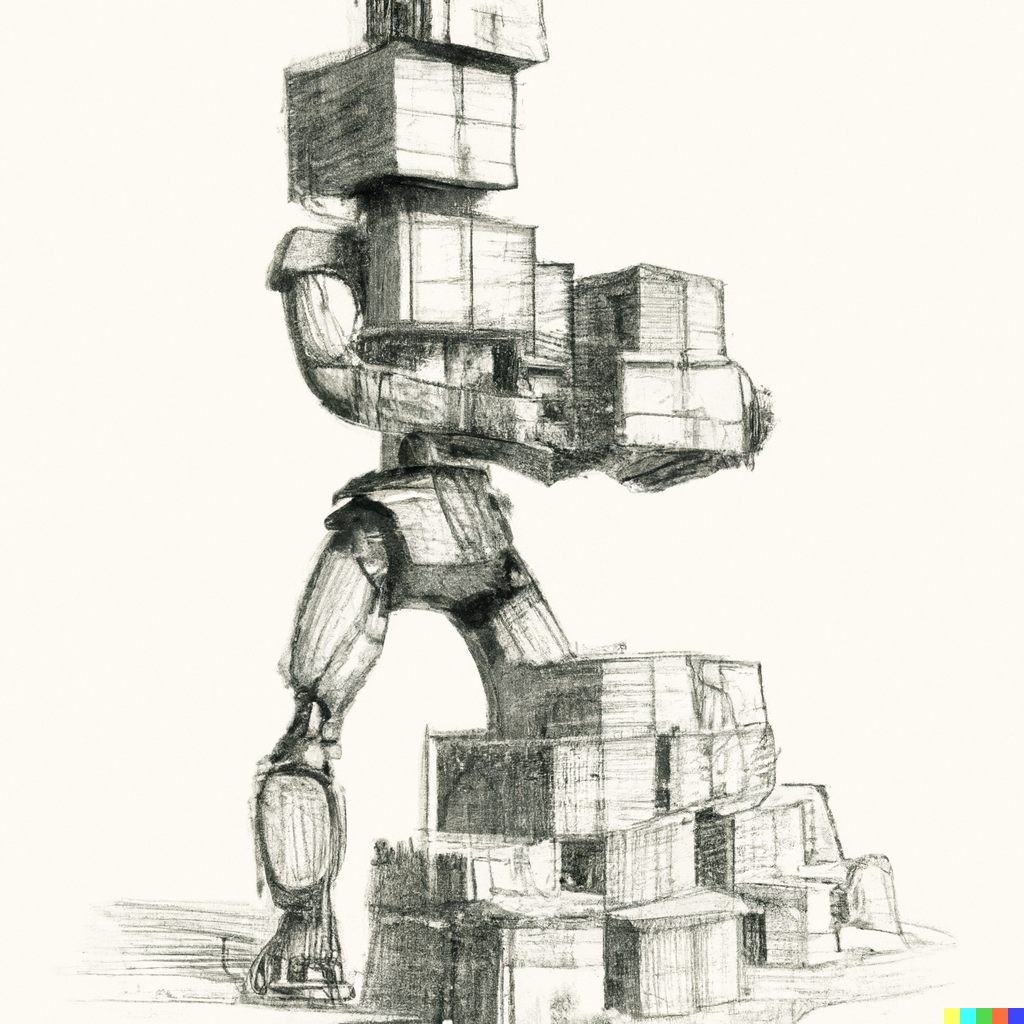 A humanoid robot assembling and stack boxes on top of each other. 
