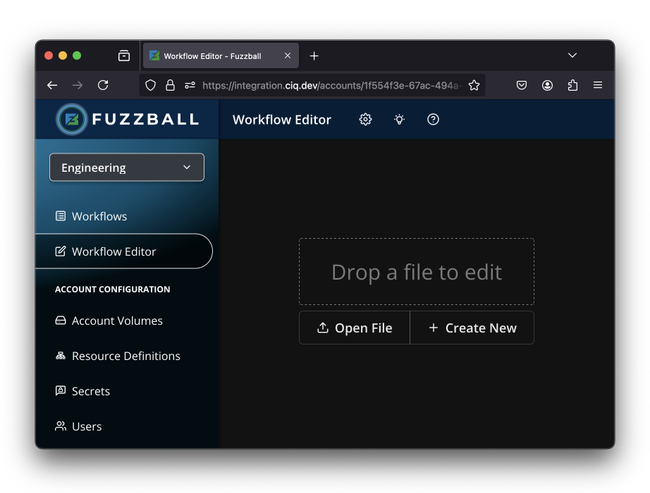 Create a Fuzzball workflow from a local YAML file, copy a previous workflow run, or start from scratch.