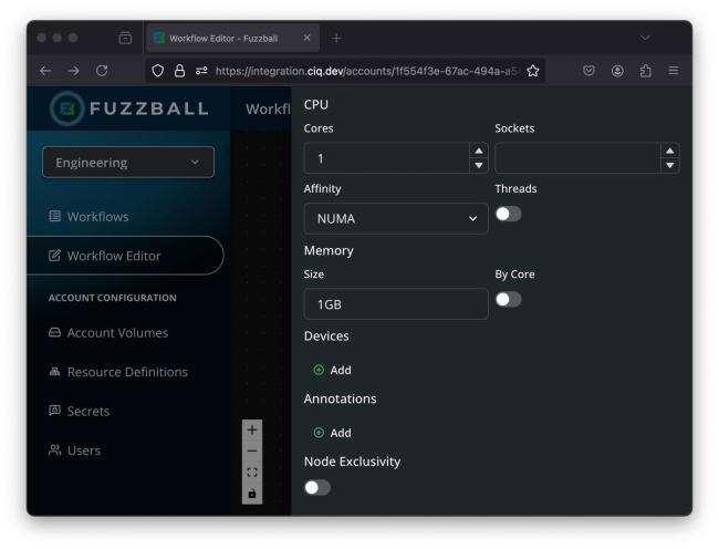 Fuzzball allows you to define the infrastructure and resources for your workflow, right down to instance sizing and storage volumes.
