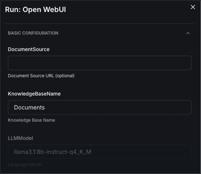 Workflow Catalog Form — The form fields shown here are everything required to deploy a complete AI stack.