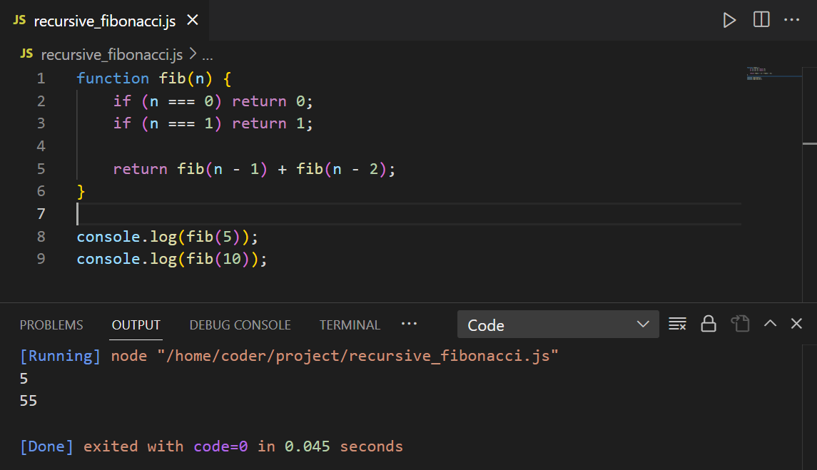 código de prueba de una función recursiva, en este caso para una serie fibonacci