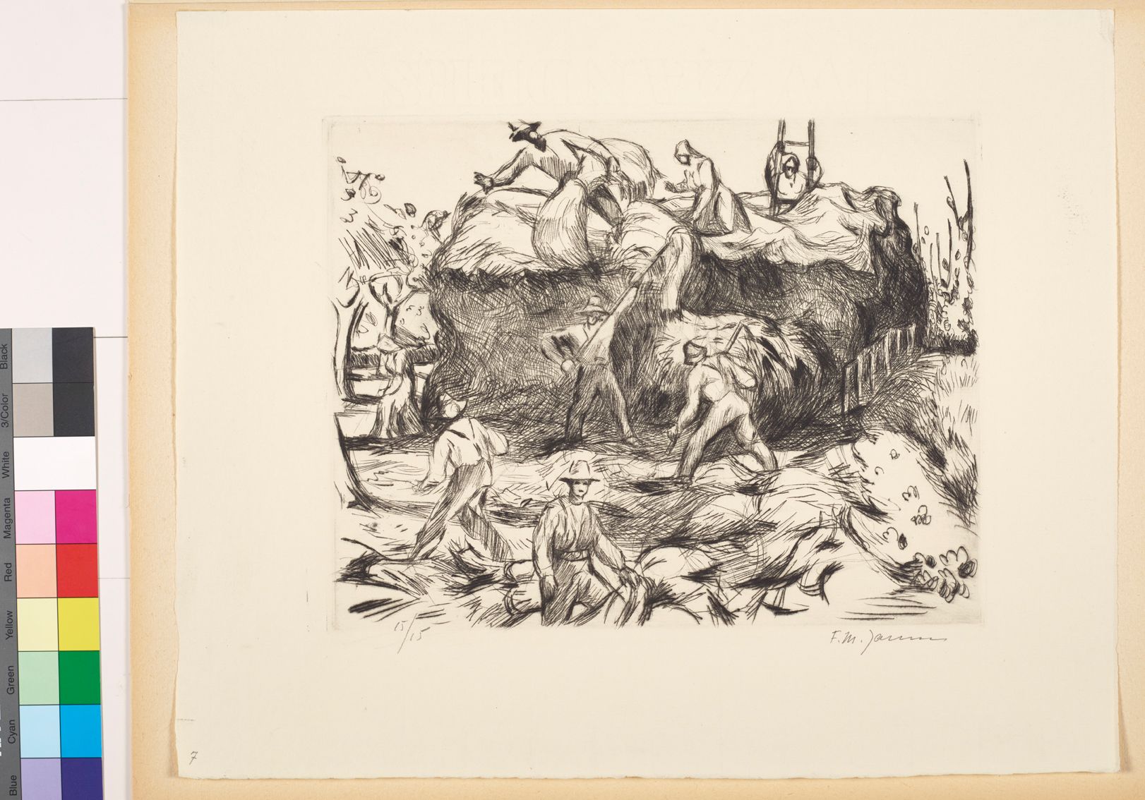 Zeichnung. Bauern und Bäuerinnen auf einem großen Heuhaufen.