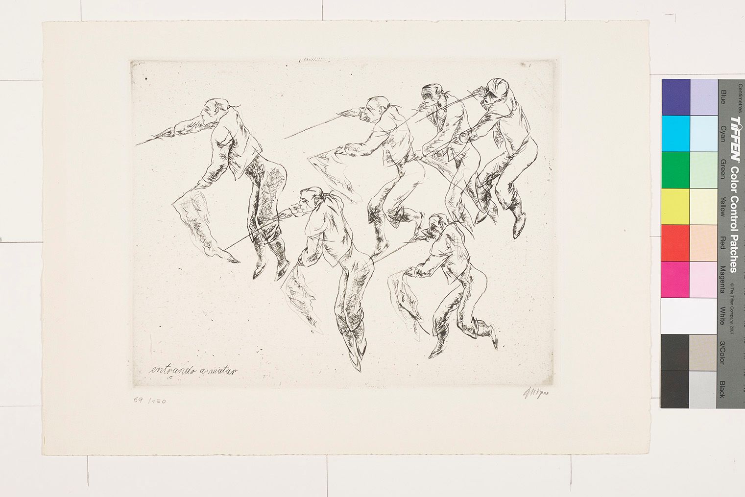 Körperstudien. Seitenansicht von Männern mit einem Schwert in der Hand und in Kampfhaltung.