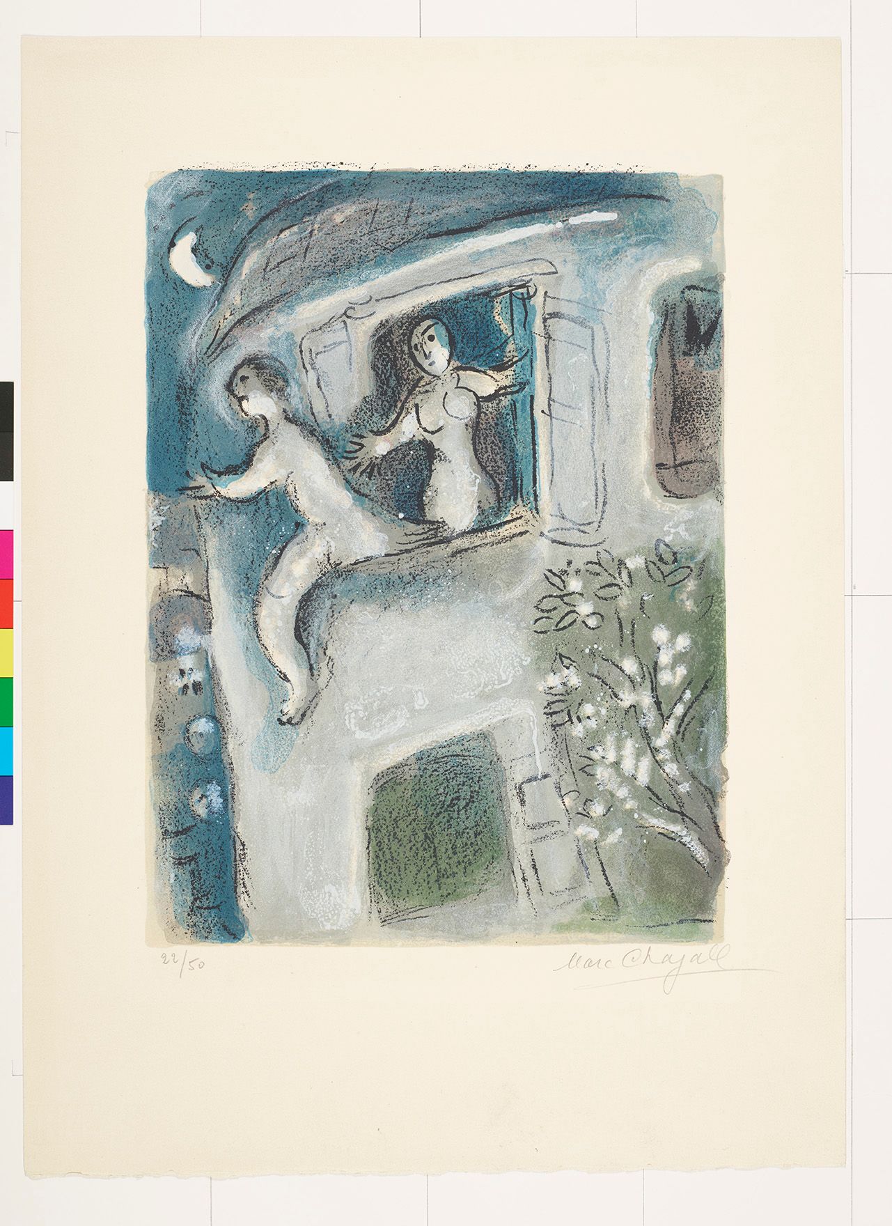 Abstraktes Bildmotiv. Ein Mann klettert aus dem Fenster eines Hauses. Am Fenster steht eine Frau. Am Himmel ist der Mond.