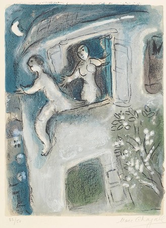 Abstraktes Bildmotiv. Ein Mann klettert aus dem Fenster eines Hauses. Am Fenster steht eine Frau. Am Himmel ist der Mond.