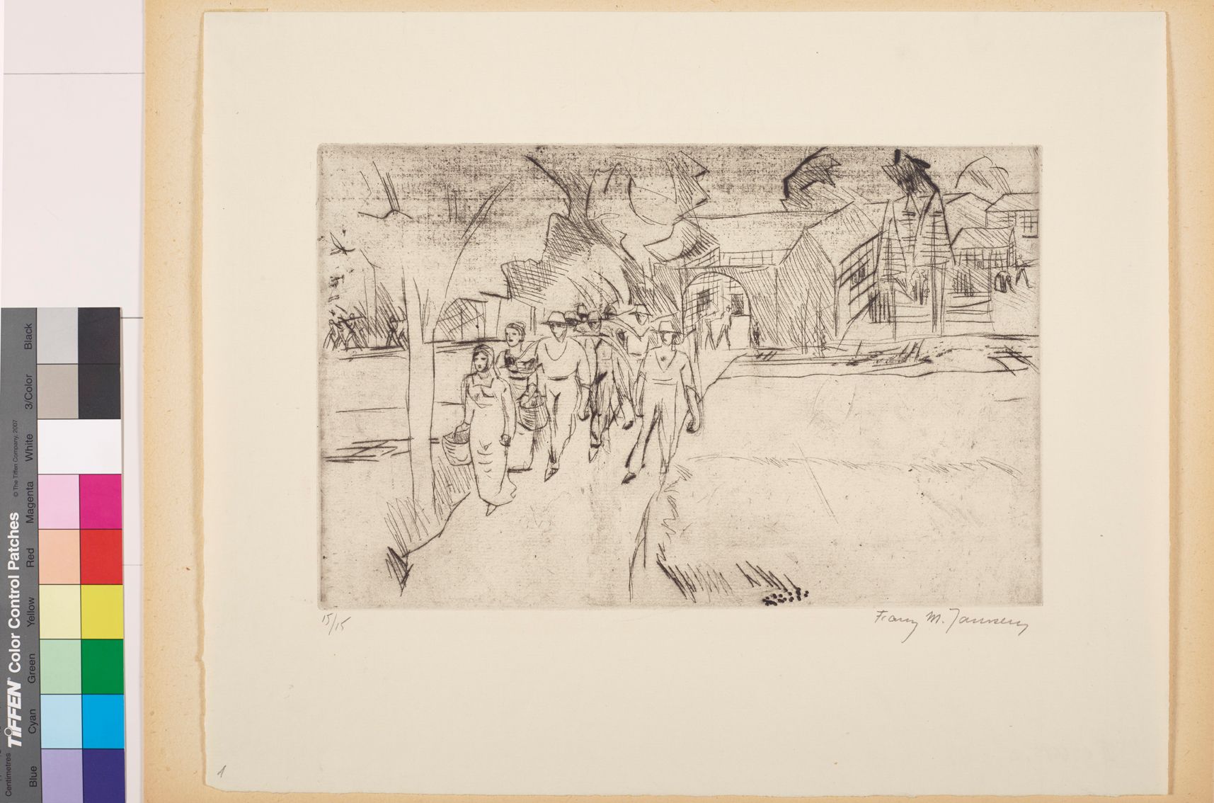 Skizze. Menschen mit Körben und Hüten auf einem Gehweg neben einem Feld. Im Hintergrund sind Häuser.