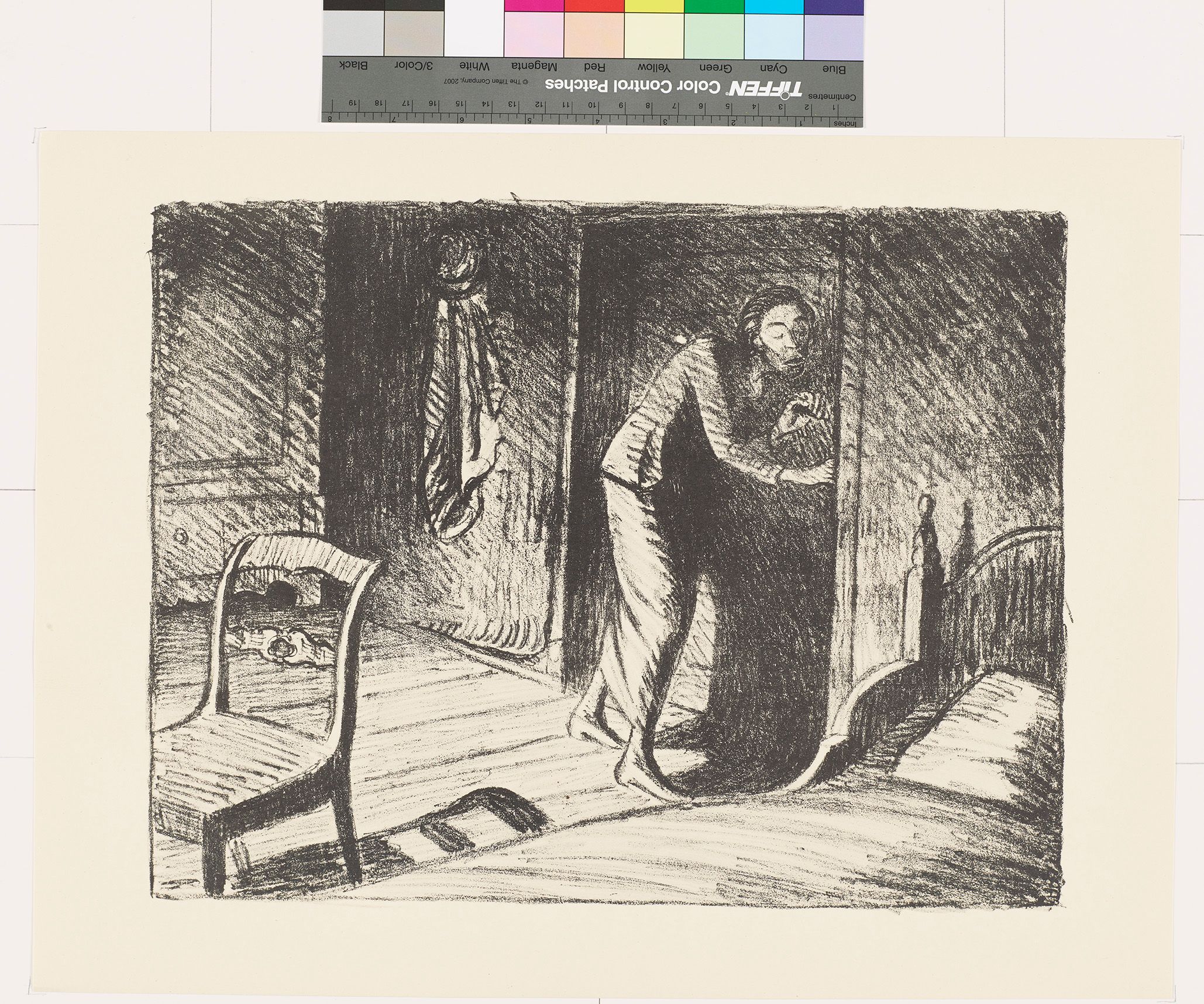 Skizze einer Frau in einem Zimmer mit dem Ohr an der Tür.