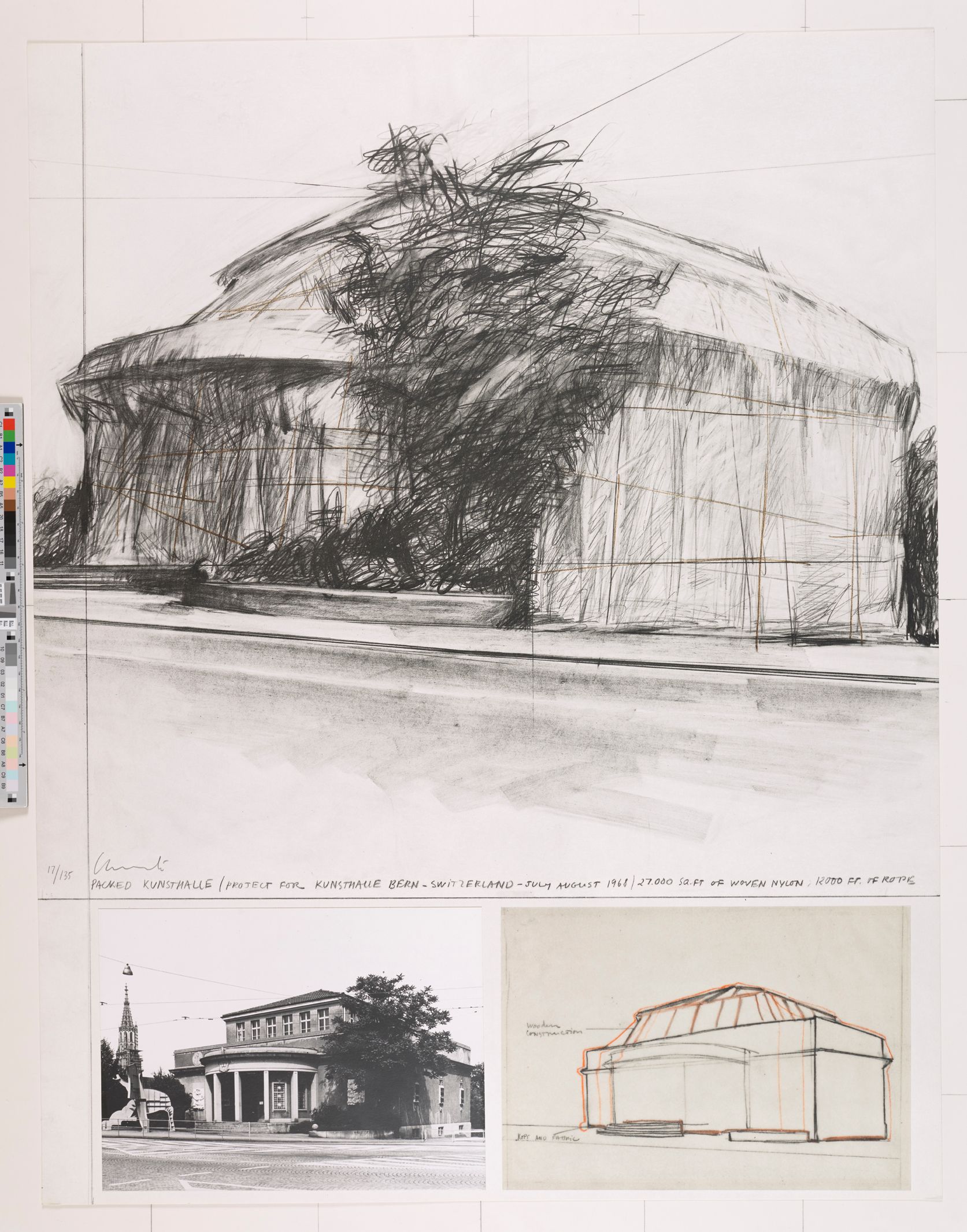 Skizze von der Kunsthalle in Bern, dass eingehüllt ist. Unter der Skizze ist eine Fotografie von Eingang des Gebäudes. Rechts daneben ist eine weitere Skizze von der Fotografie. 