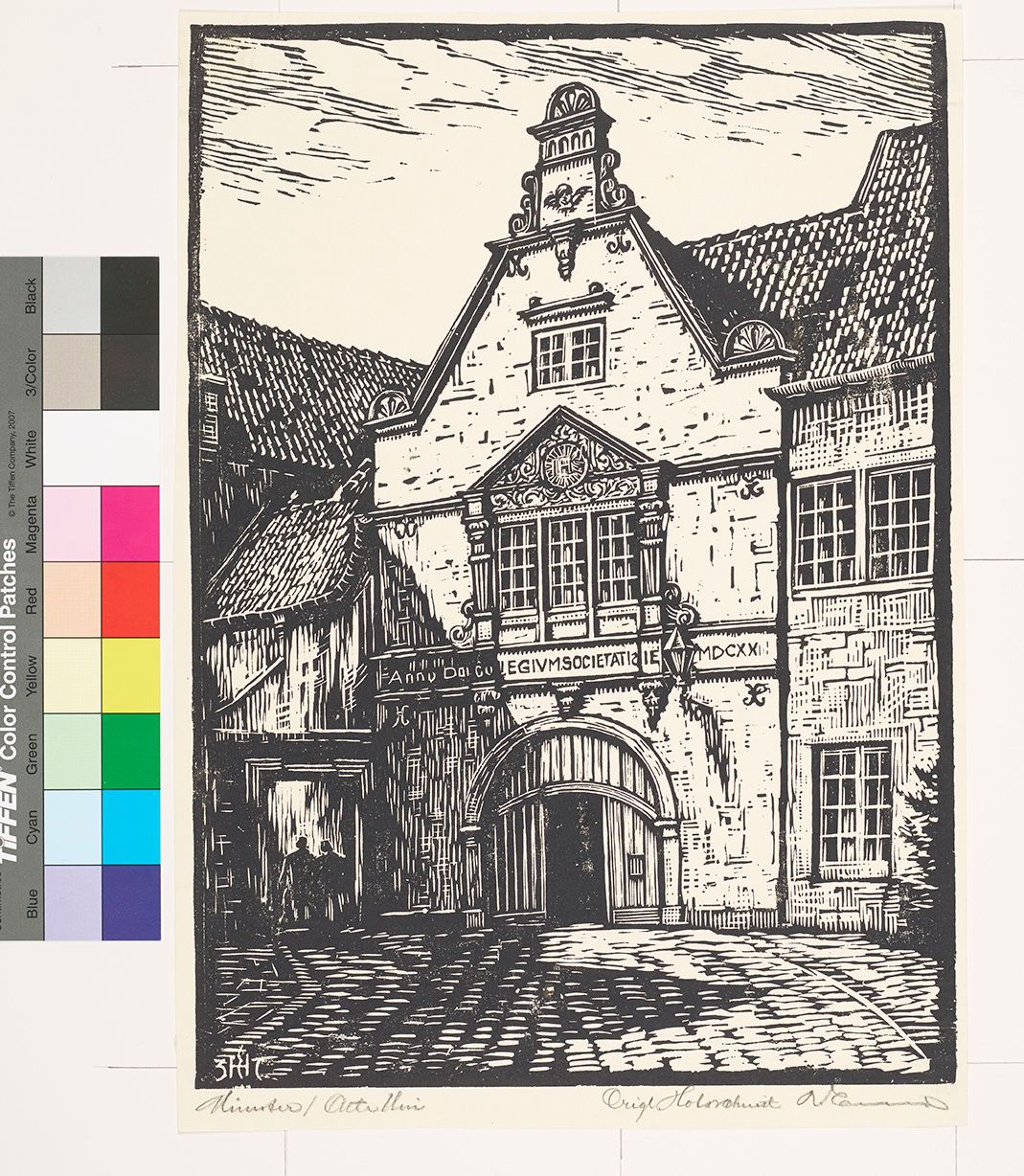 Holzschnitt. Fassade der Jesuitenpforte mit Rundbogentor, Wimperg und Trapezdach.