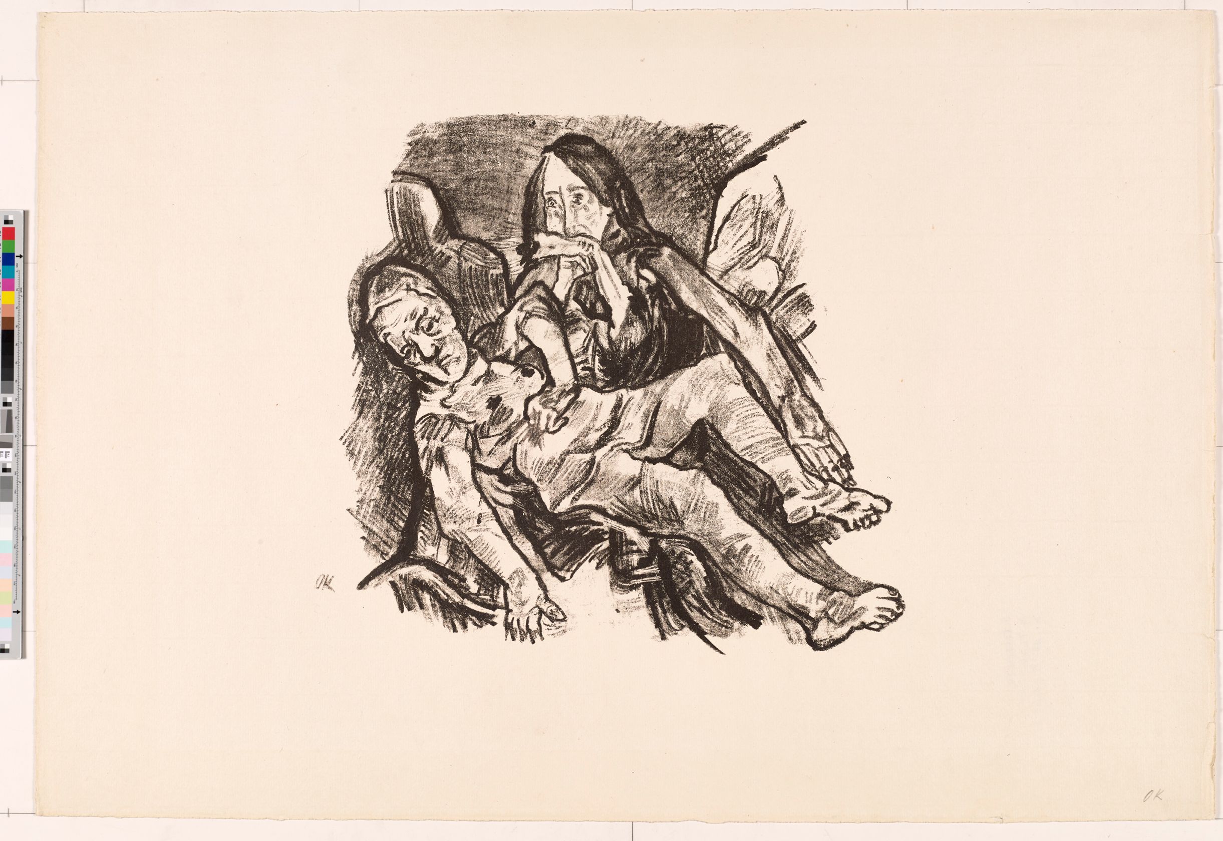 Zeichnung. Tote Frau in den armen einer weinenden Frau. 