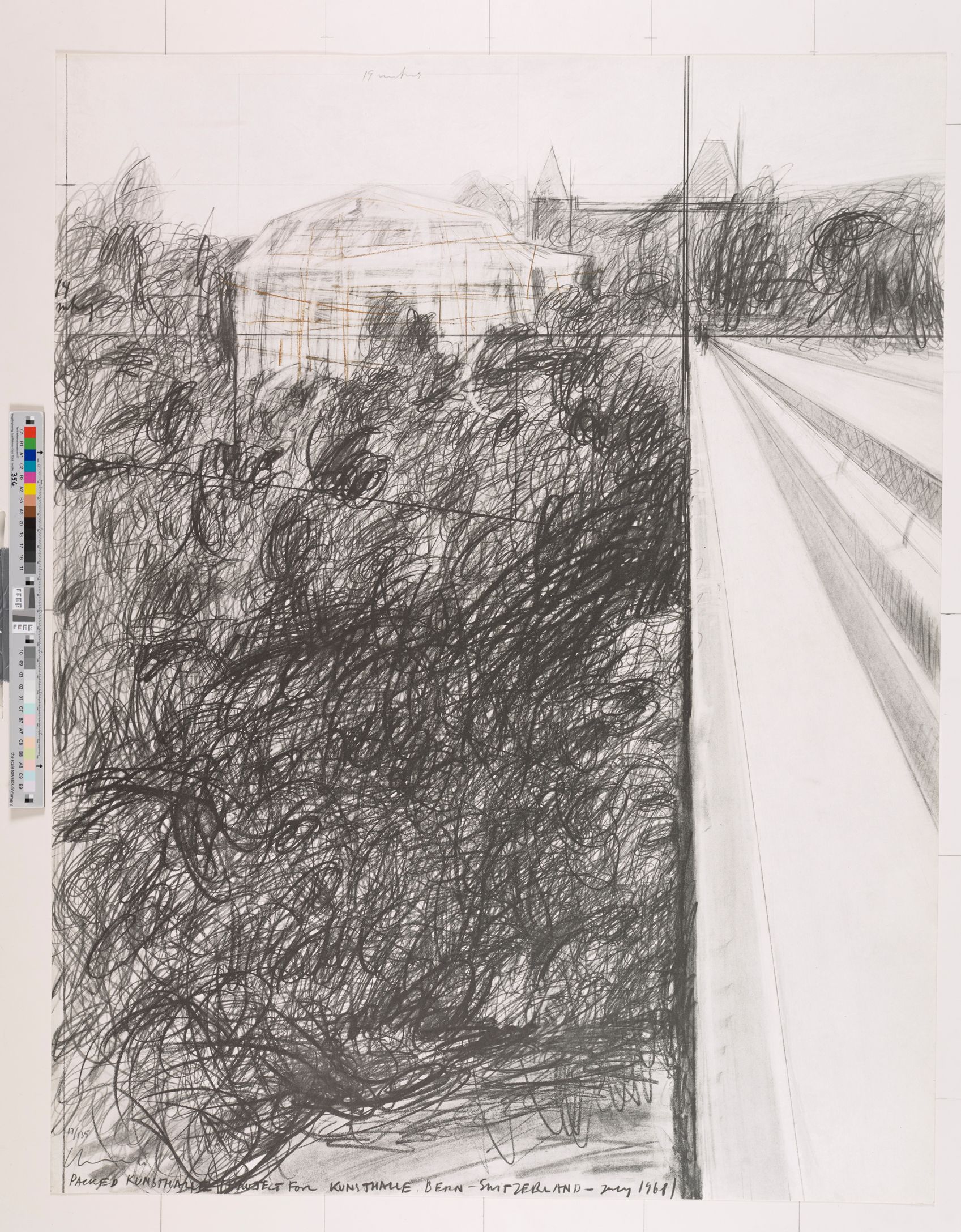 Skizze der Kunsthalle Bern von einem gegenüberliegenden Gebäude (Fernansicht). Aussicht durch Bäume und Gebüsche.