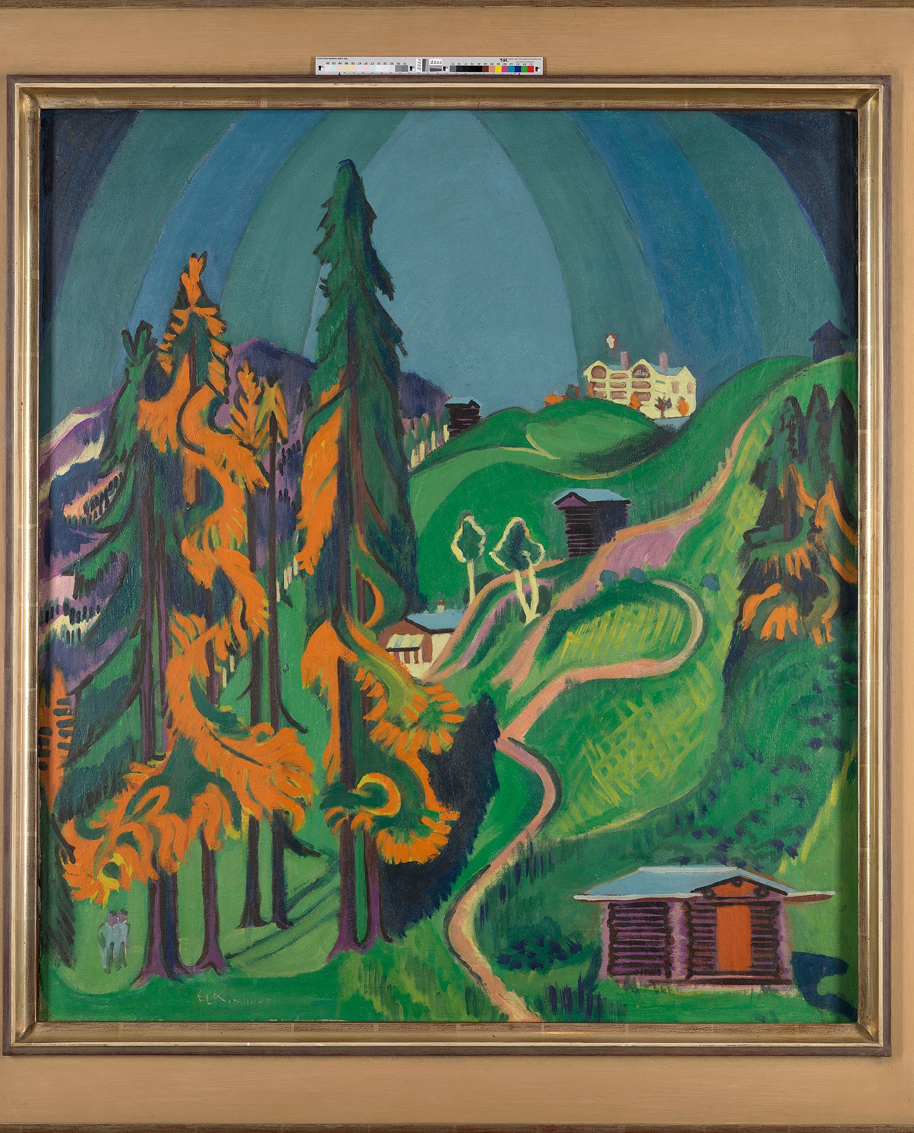 Abstraktes Bildmotiv. Hügellandschaft im Herbst. Die Bäume verfärben sich rötlich. Ein schmaler Weg führt den Berg hinauf. Den Weg entlang sind mehrere Hütten. Auf dem Gipfel des Berges steht ein großes, weißes Gebäude. Die abgebildete Szene spielt bei Dämmerung, da der Himmel im Hintergrund sich gerade dunkel verfärbt. 