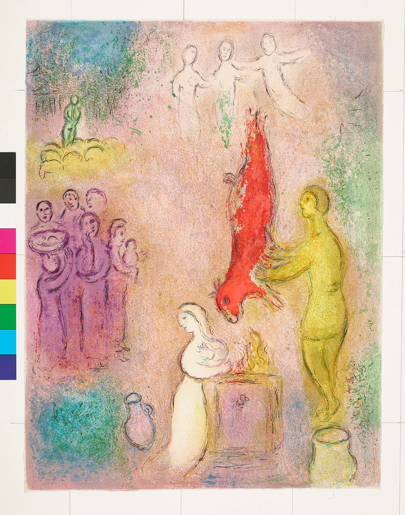 Abstraktes Bildmotiv. Mann hält ein Tier mit dem Kopf senkrecht in das Feuer. Vor ihm kniet eine Frau und schaut weg. Links neben ihnen stehen Personen und schauen zu. Über ihnen sind drei weitere Figuren.