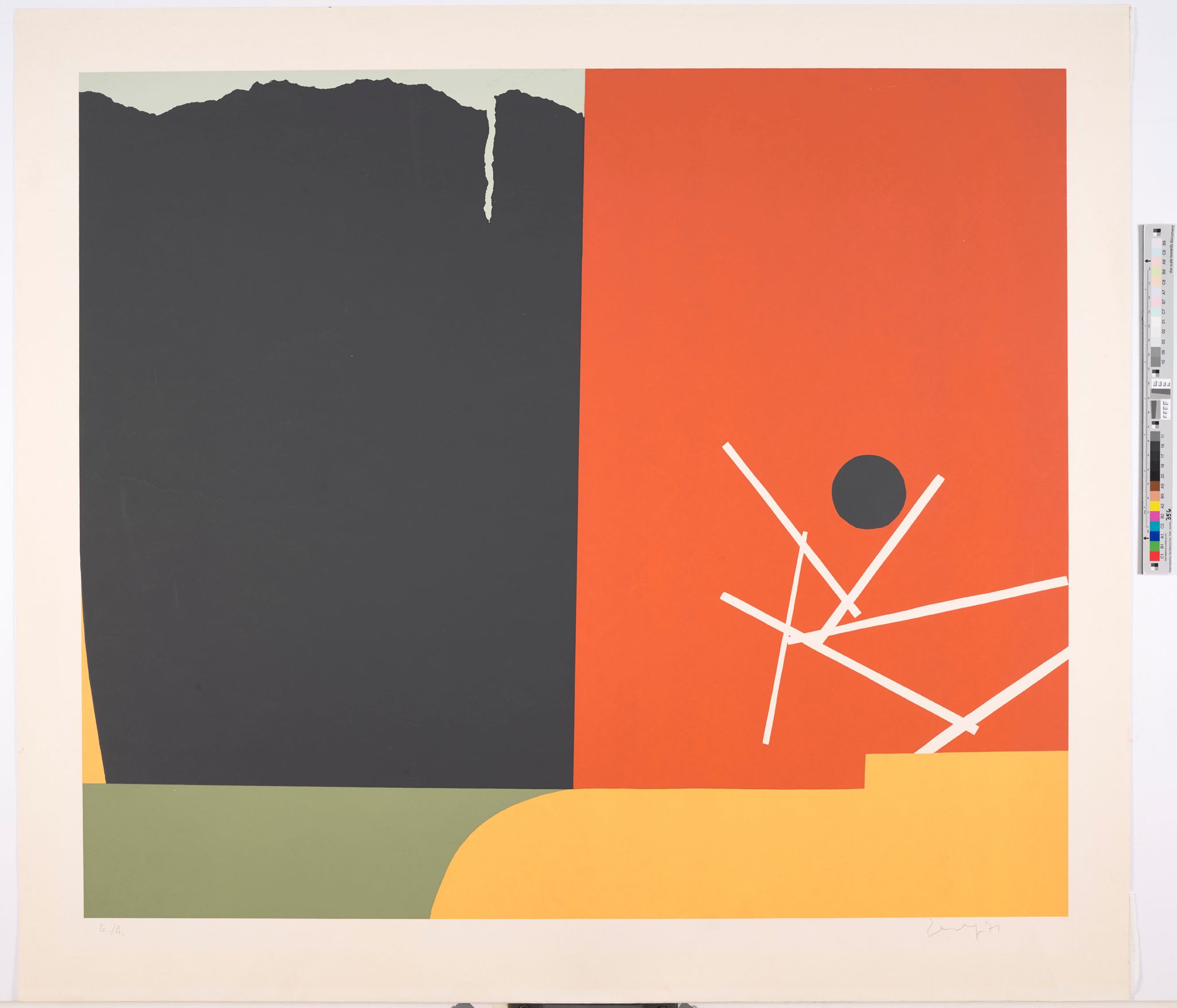 Das Bild ist durch großen Farbfelder in zwei Hälften geteilt. Die Linke ist schwarz, mit einem rissartigen Einschub von grau an der Oberseite und einem kleinen Winkel Gelb in der linken unteren Ecke. In dem rechten, roten Feld sind unten rechts sechs dünne weiße Linien in verschiedenen Winkeln miteinander verbunden. Darüber eine schwarze Kreisfläche. Die untere Bildhälfte ist durch zwei weitere schmale Farbfelder geteilt. Links grün, rechts gelb.