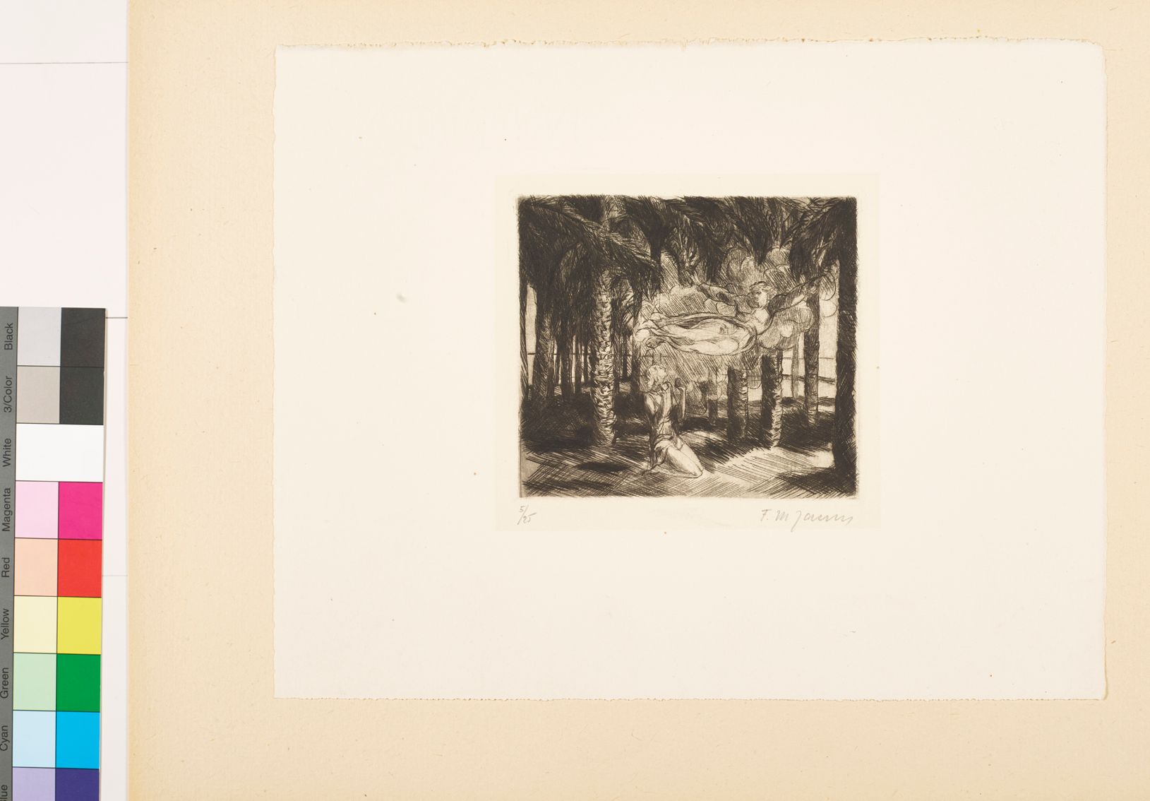 Zeichnung. Eine knieende Frau im Wald. Über ihr ist ein Engel.