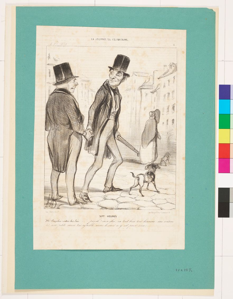 Zeichnung. Zwei Hände schüttelnde Männer in Anzügen und ein Hund.