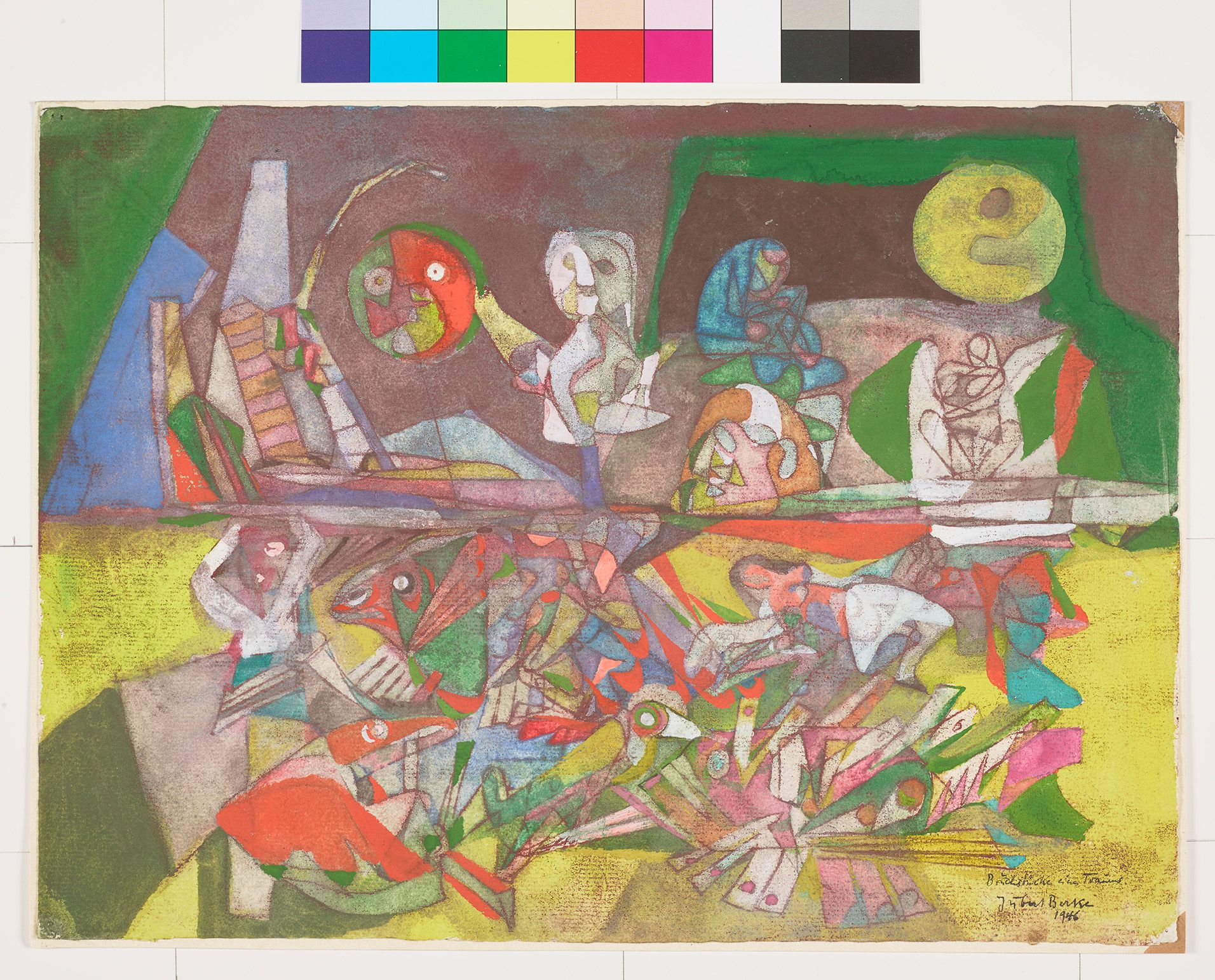 Geometrische Abstraktion mit bunten Farbfiguren (Farben: gelb, grün, blau, rot, pink, weiß, schwarz, orange), (Formen: Kreise, Vierecke, Dreiecke). 