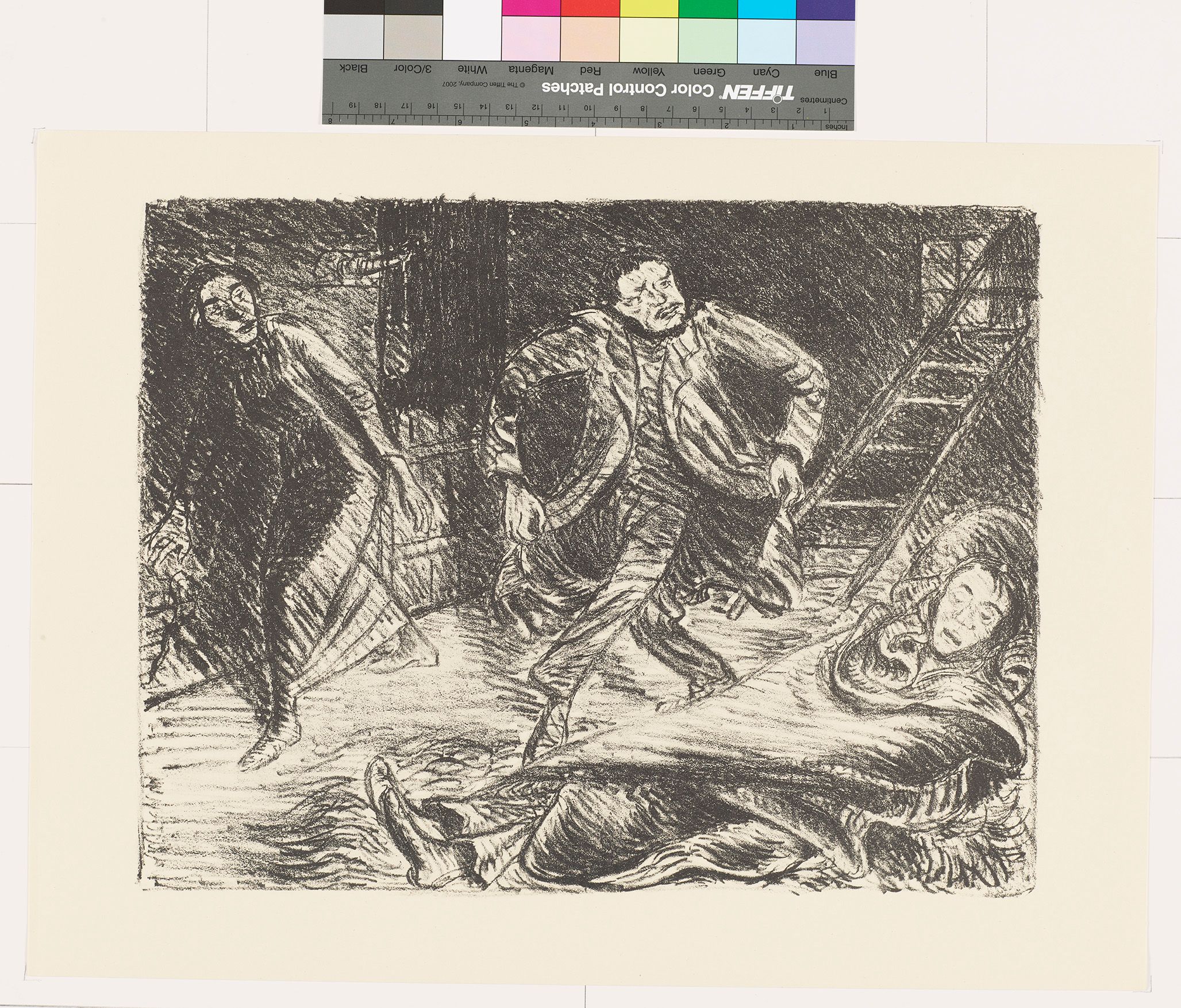 Skizze von einem Mann und einer Frau, die auf Zehenspitzen laufen. Rechts ist eine schlafende Person.