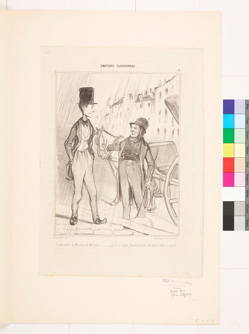 Zeichnung. Zwei Männer in Anzügen, neben einer Kutsche.