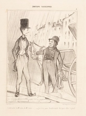 Zeichnung. Zwei Männer in Anzügen, neben einer Kutsche.