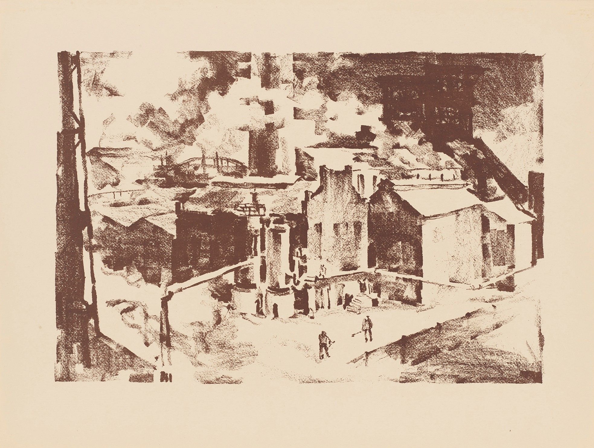 Zeichnung eines Industriegebäudes und den Arbeitern aus einer höheren Position.