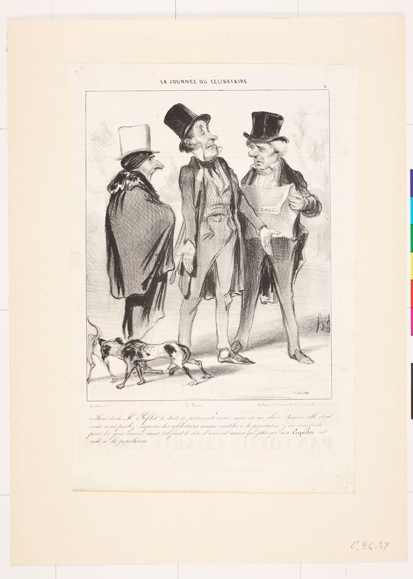 Zeichnung. Drei fein gekleidete Männer und zwei Hunde, die sich beschnüffeln. Der rechte Mann hält eine Zeitung in der Hand, der mittlere Mann hat eine Erektion.